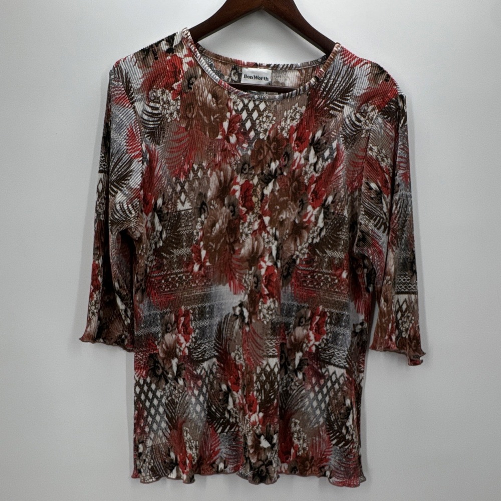 BonWorth Womens L Petite Multicolor Floral Pleated Knit Pullover Top 3/4 Sleeve